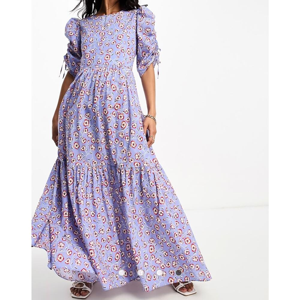 BOSS Orange Debest floral maxi dress - blue puff sleeves tiered tie back size 4